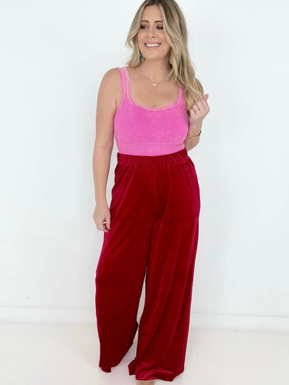 Zenana Solid Velvet Wide Leg Pants