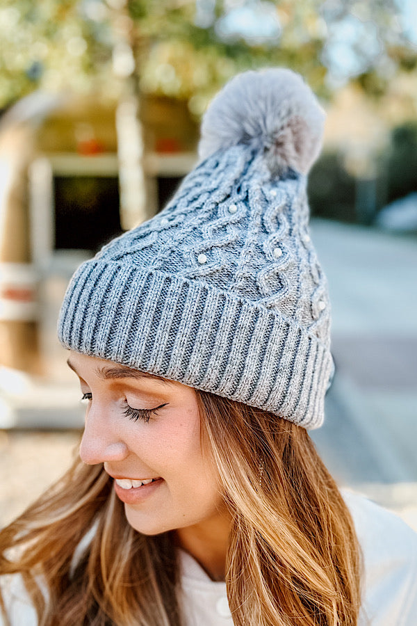 Gray Fur Pom Beanie