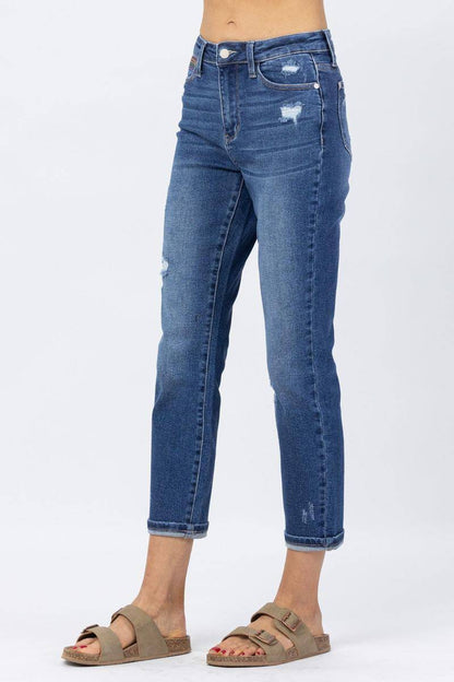 Judy Blue High Rise Rainbow Embroidery Cropped Straight Leg Jeans