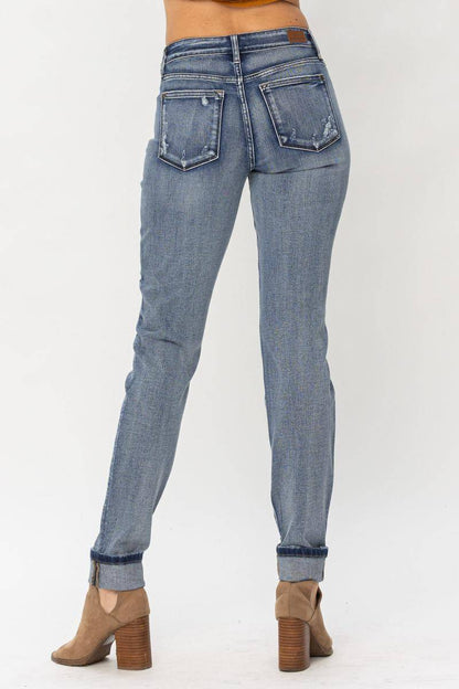 Judy Blue Mid-Rise Button Fly Contrast Wash Cuffed Boyfriend Jeans