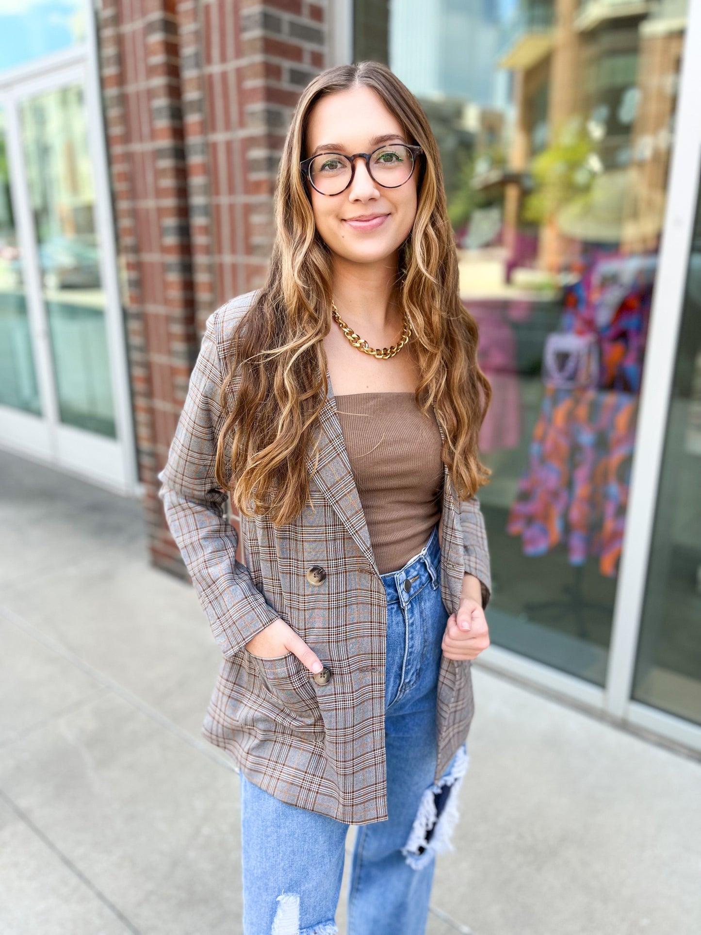 Preptastic Brown Orange Plaid Blazer