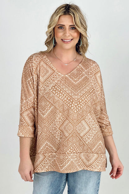 BiBi Aztec Print French Terry V Neck Top