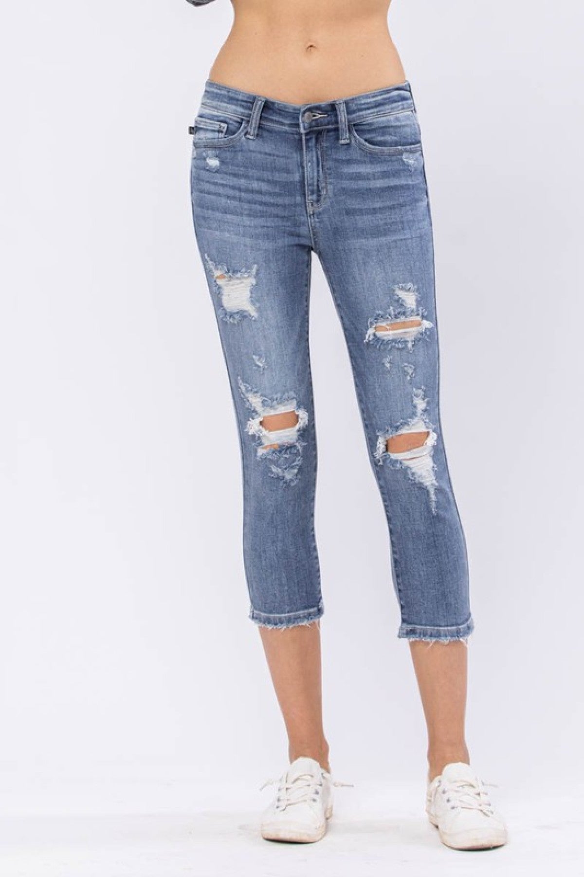 Judy Blue Mid-Rise Destroyed Denim Capri