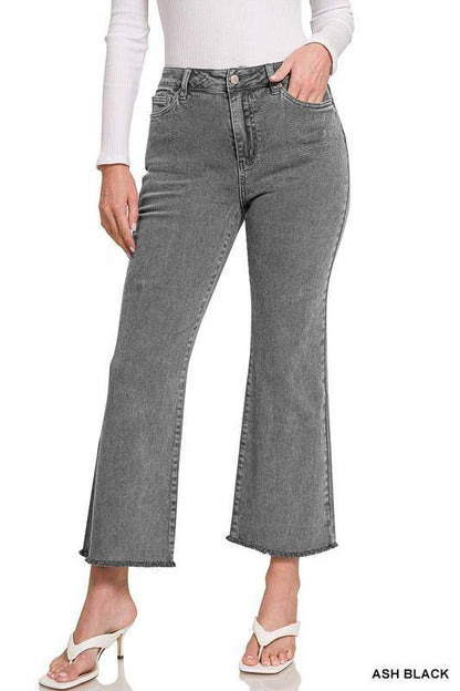 Zenana Acid Washed High Waist Frayed Hem Cropped Kick Flare Jeans