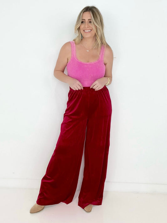 Zenana Solid Velvet Wide Leg Pants