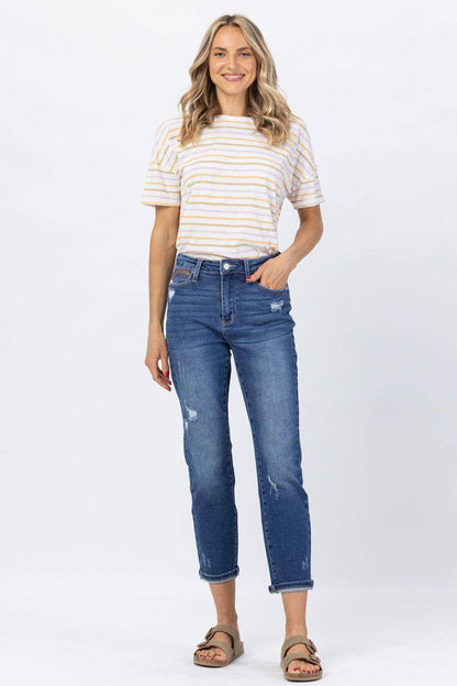 Judy Blue High Rise Rainbow Embroidery Cropped Straight Leg Jeans