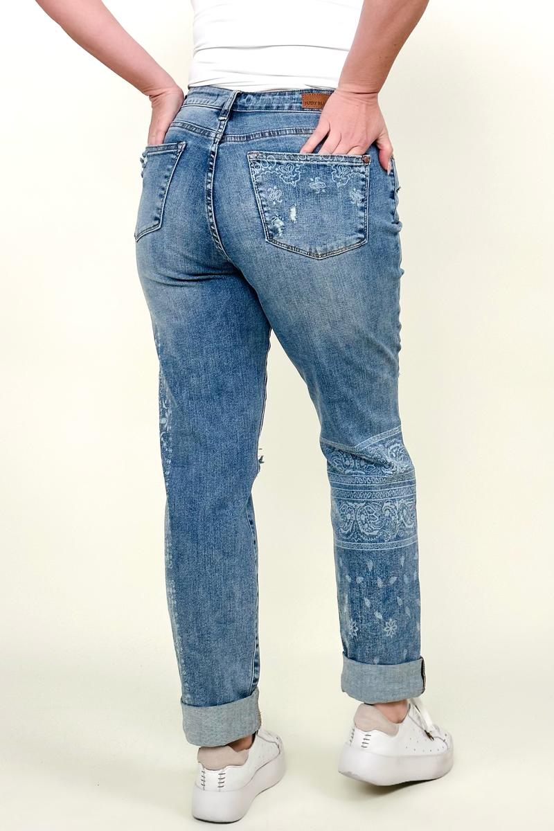 Judy Blue Mid-Rise Destroy & Paisley Print Boyfriend Jeans