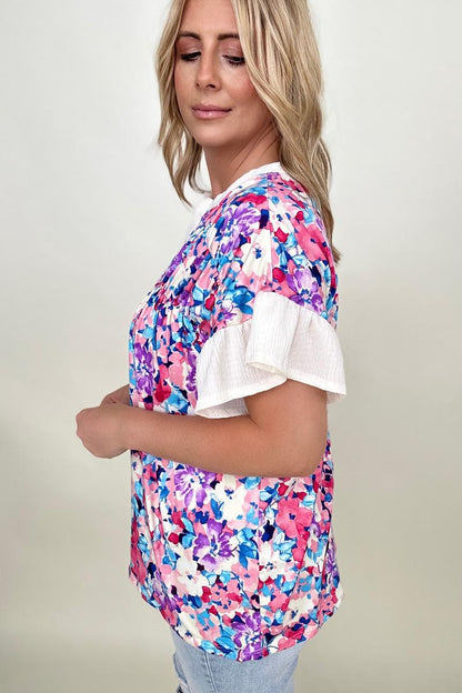 BiBi Floral Brushed Ruffle Sleeve Top