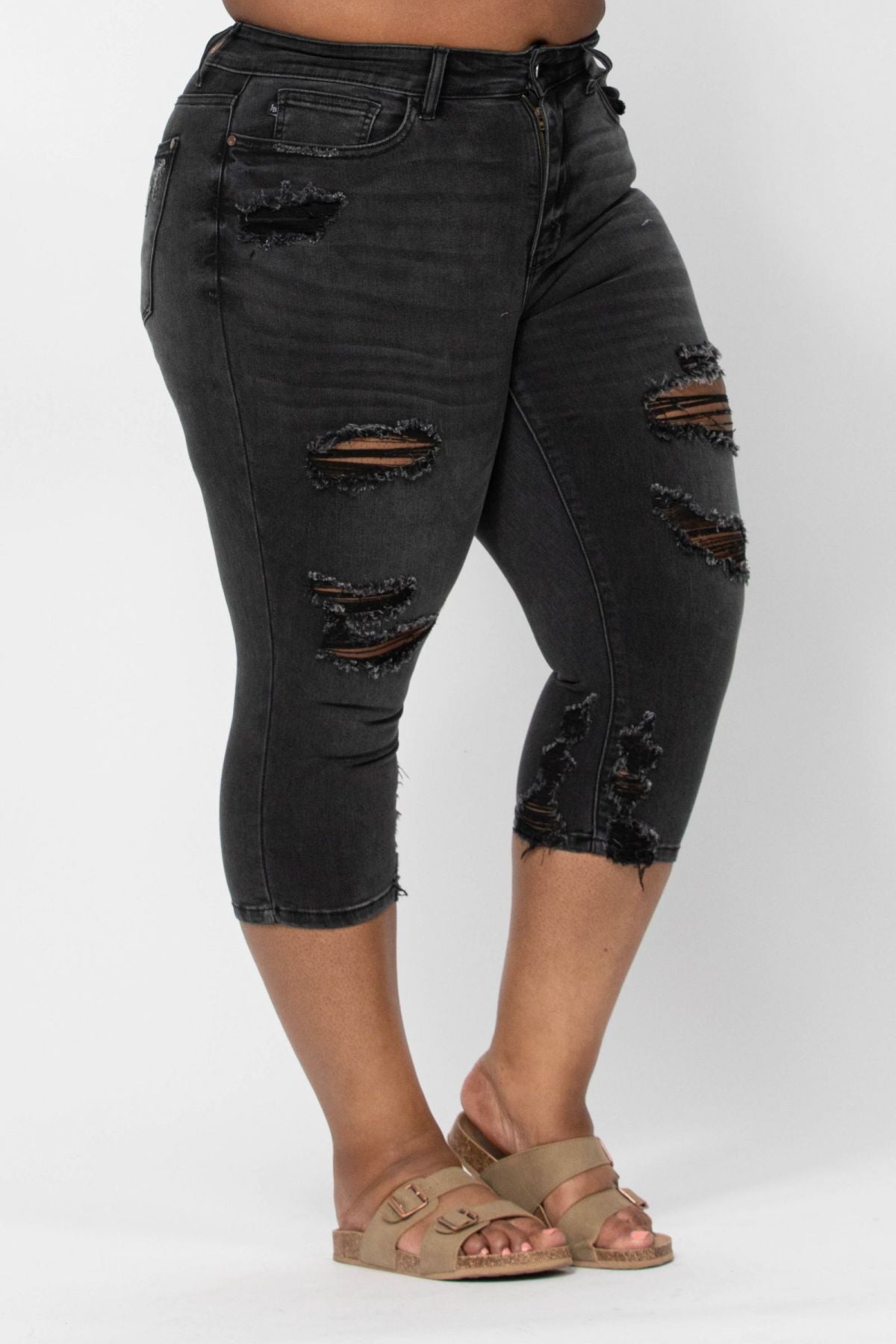 Judy Blue High Waist Black Distressed Skinny Capri