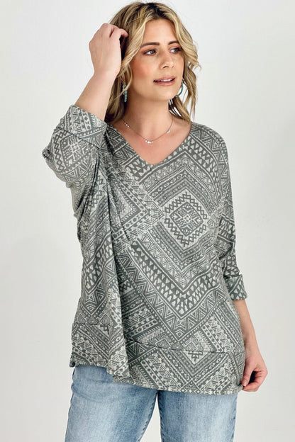 BiBi Aztec Print French Terry V Neck Top