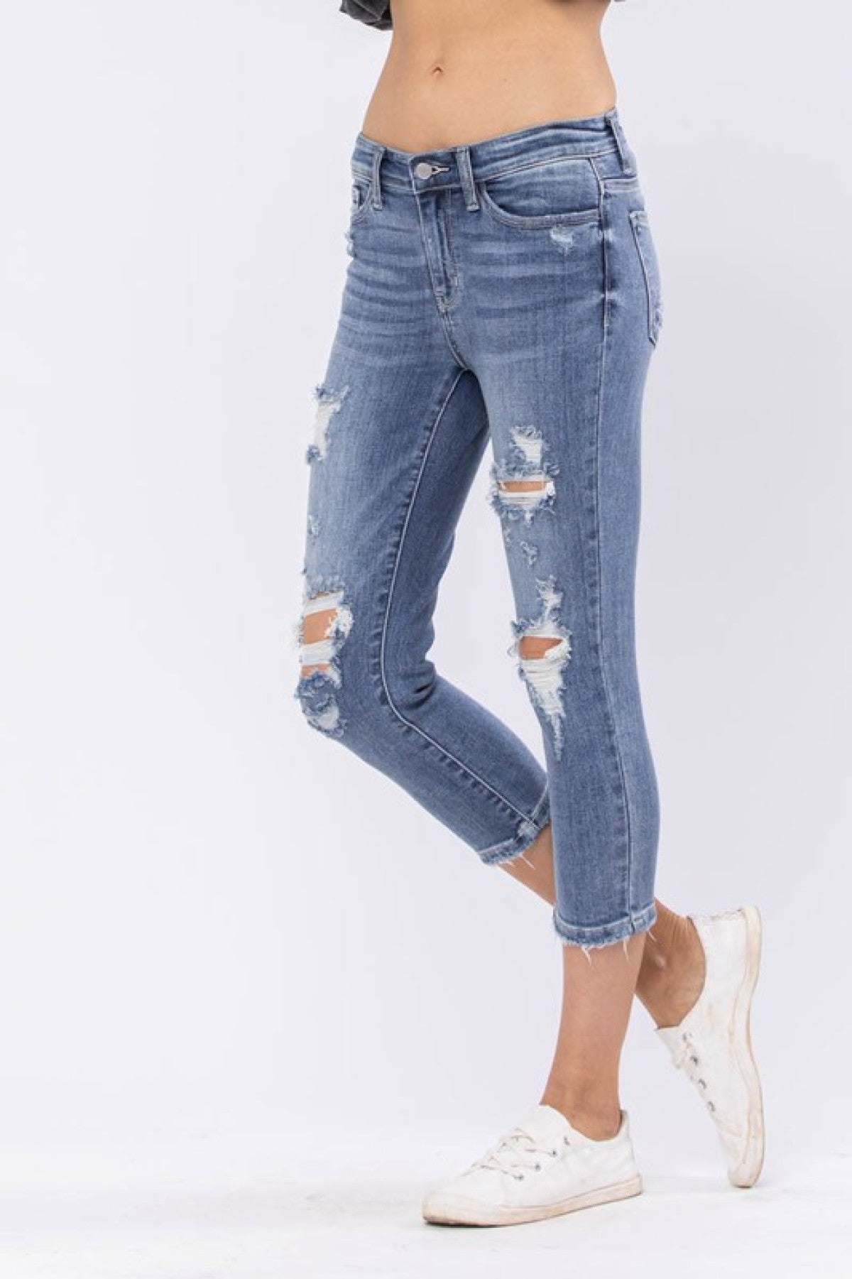 Judy Blue Mid-Rise Destroyed Denim Capri