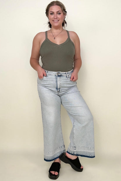 Bayeas High Rise Raw Hem Wide Leg Cropped Jeans