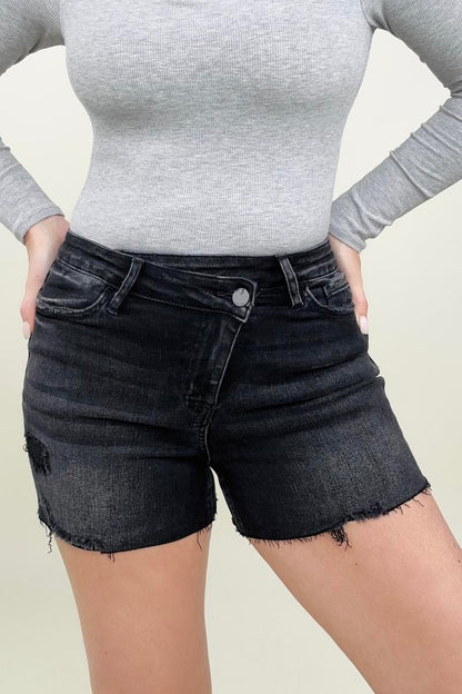 Bayeas Black High Rise Raw Hem Crossover Denim Shorts