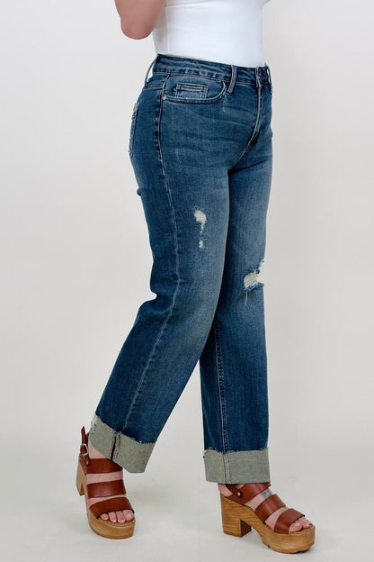 Judy Blue Mid-Rise Destroy & Single Cuff Dad Jean Straight Jeans