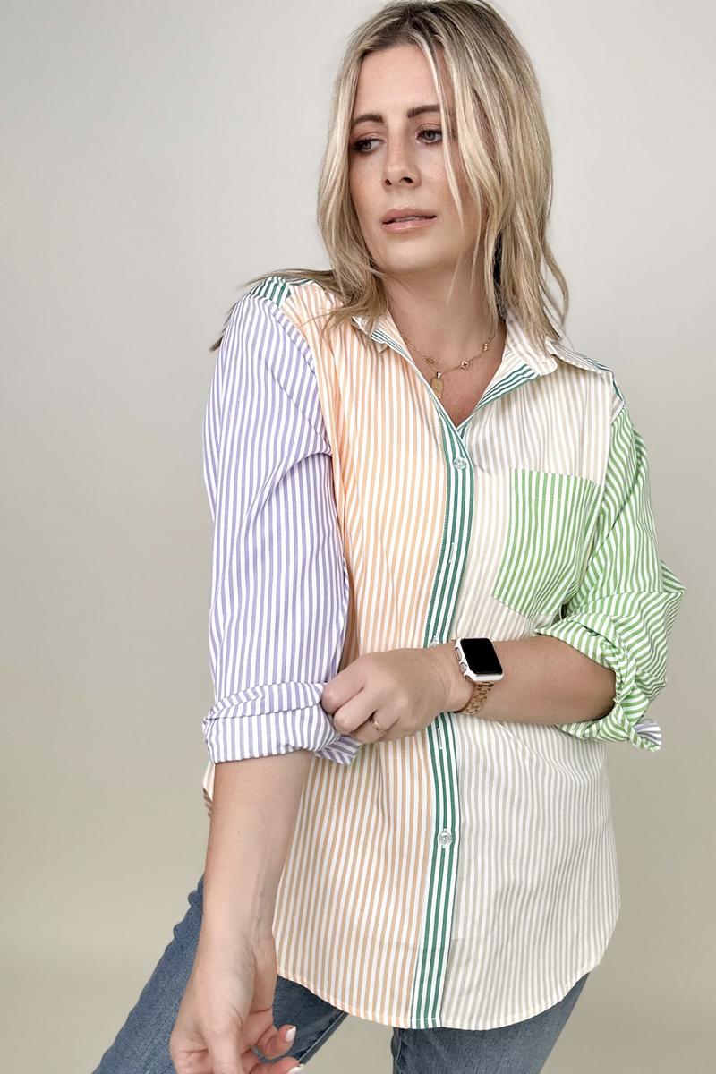 Davi & Dani Multicolor Mixed Stripe Button Front Top