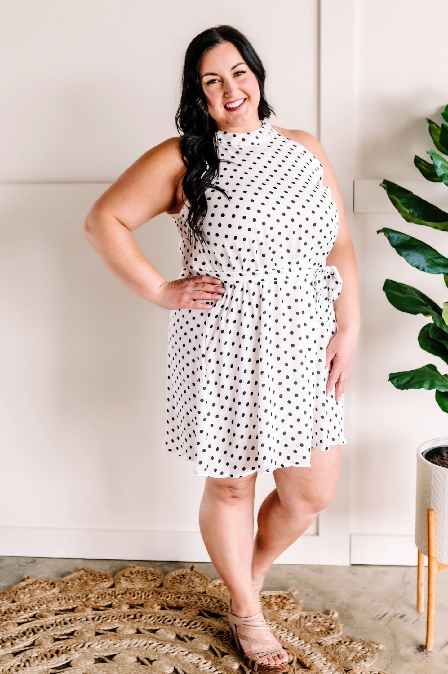 Black & White Polka Dot Dress With Tie Belt