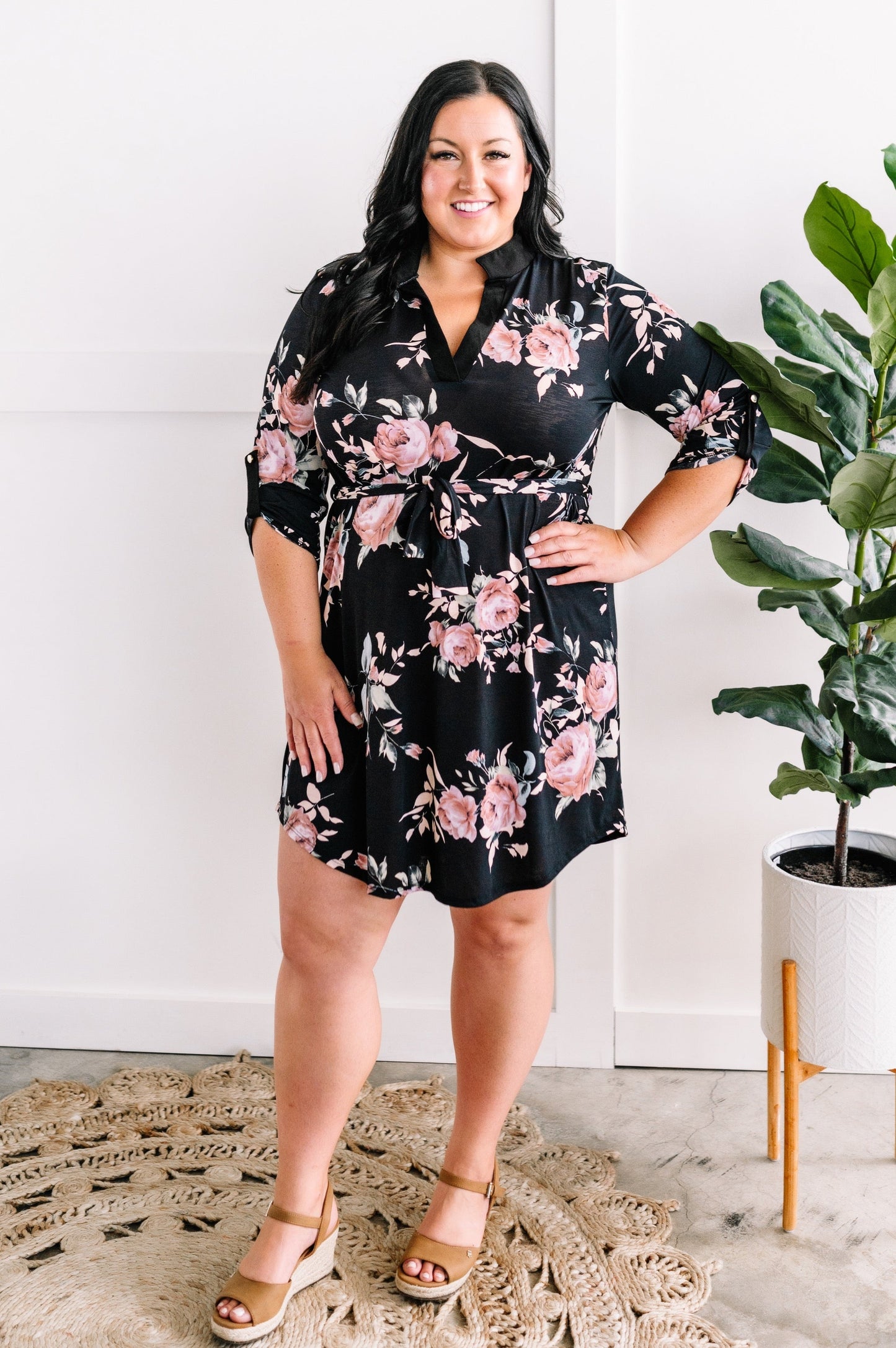 Floral Gabby Dress With Tie Belt In Black