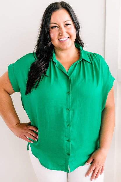 Silky Button Front Blouse In Emerald Green