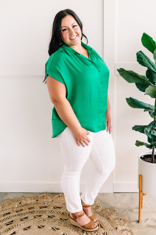 Silky Button Front Blouse In Emerald Green