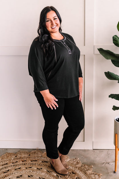 Dolman Sleeve Button Henley Top in Deep Montana Midnight