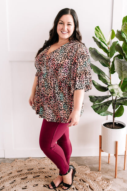 Stretchy Dolman Sleeve Babydoll Top In Leopard Multi