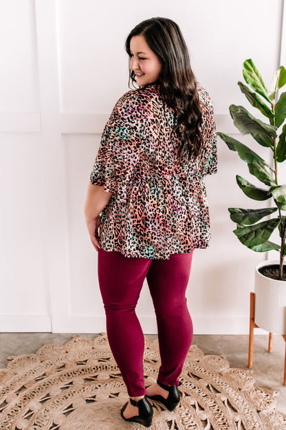 Stretchy Dolman Sleeve Babydoll Top In Leopard Multi