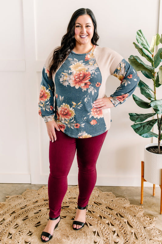 Color Block Top In Cream With Blue Florals