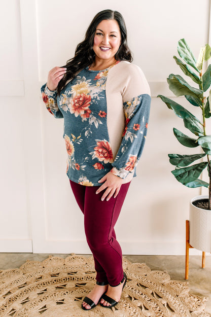 Color Block Top In Cream With Blue Florals