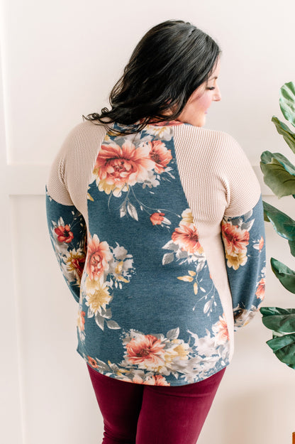 Color Block Top In Cream With Blue Florals