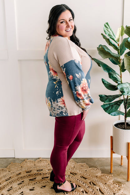 Color Block Top In Cream With Blue Florals