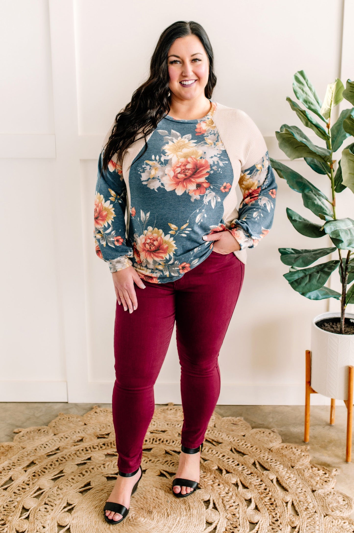 Color Block Top In Cream With Blue Florals