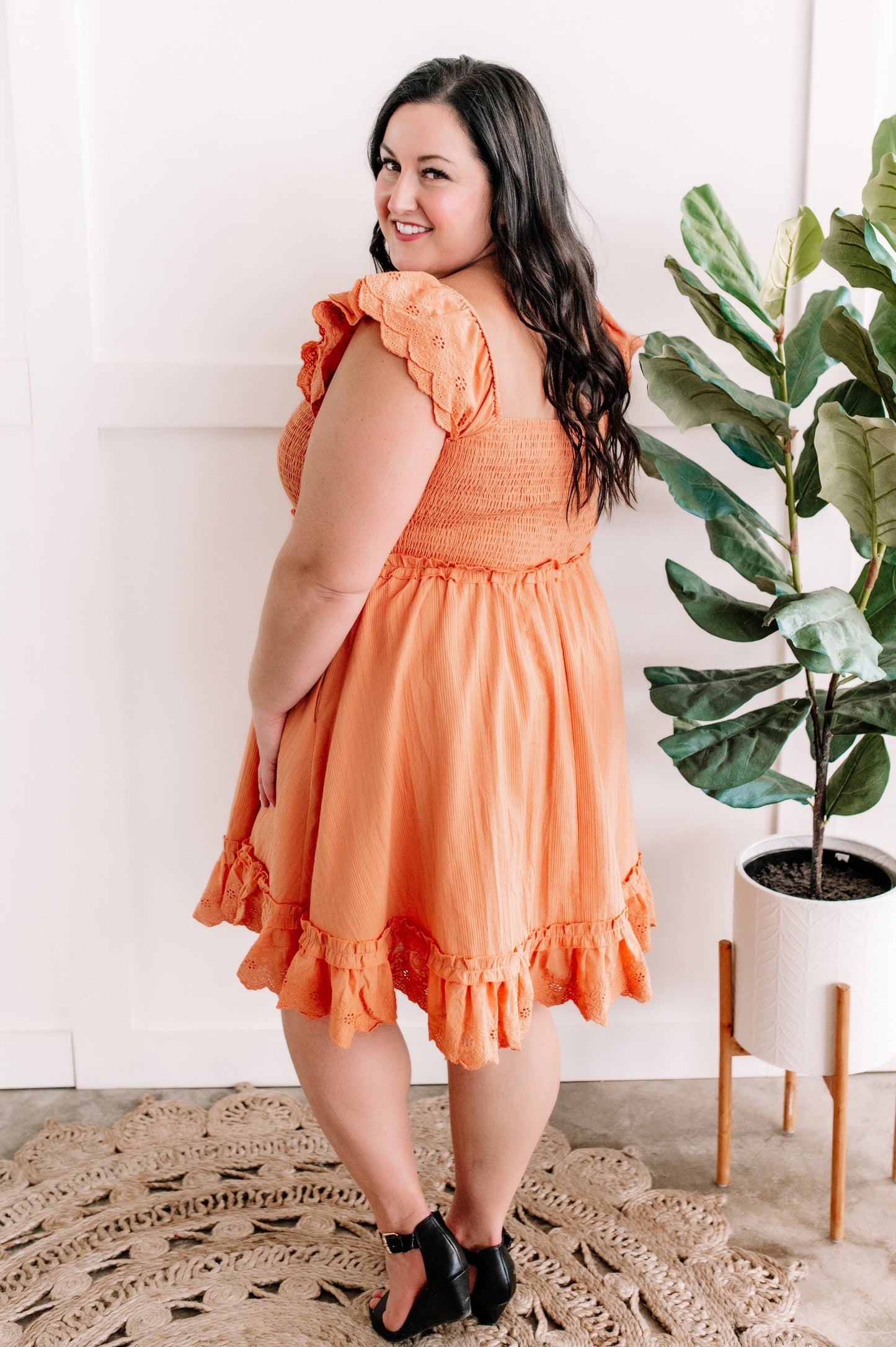 Apricot Smocked Dress With Eyelet Detail Flutter Sleeve