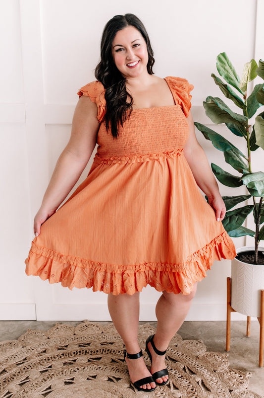 Apricot Smocked Dress With Eyelet Detail Flutter Sleeve