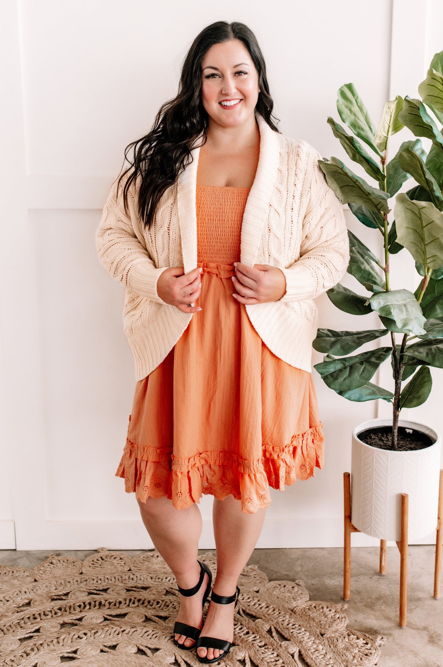 Apricot Smocked Dress With Eyelet Detail Flutter Sleeve