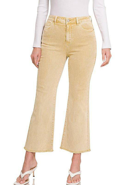 Zenana Acid Washed High Waist Frayed Hem Cropped Kick Flare Jeans