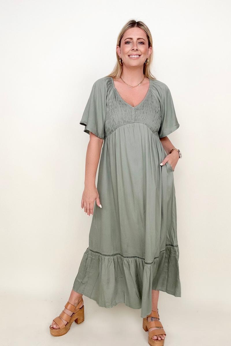Heyson Smocked Bust Butterfly Sleeve Midi Dress with Pockets