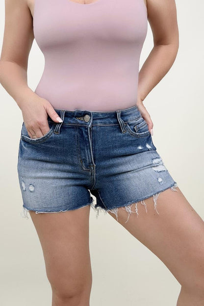 Bayeas Mid-Rise Raw Hem Distressed Denim Shorts