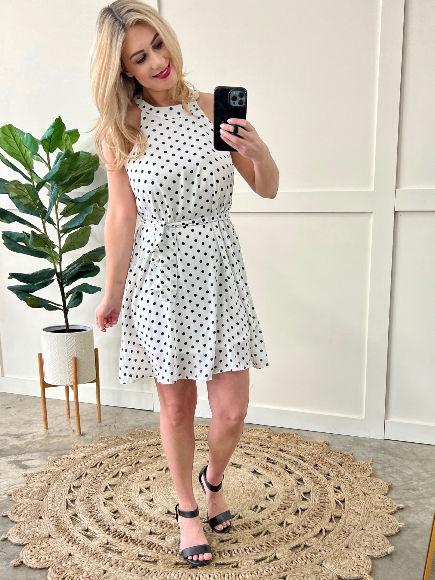 Black & White Polka Dot Dress With Tie Belt