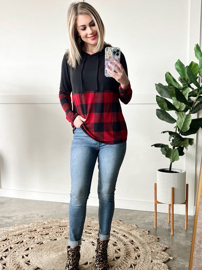 Color Block Hoodie In Red & Black Plaid