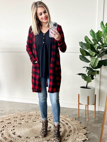 Open Front Cardigan In Buffalo Plaid