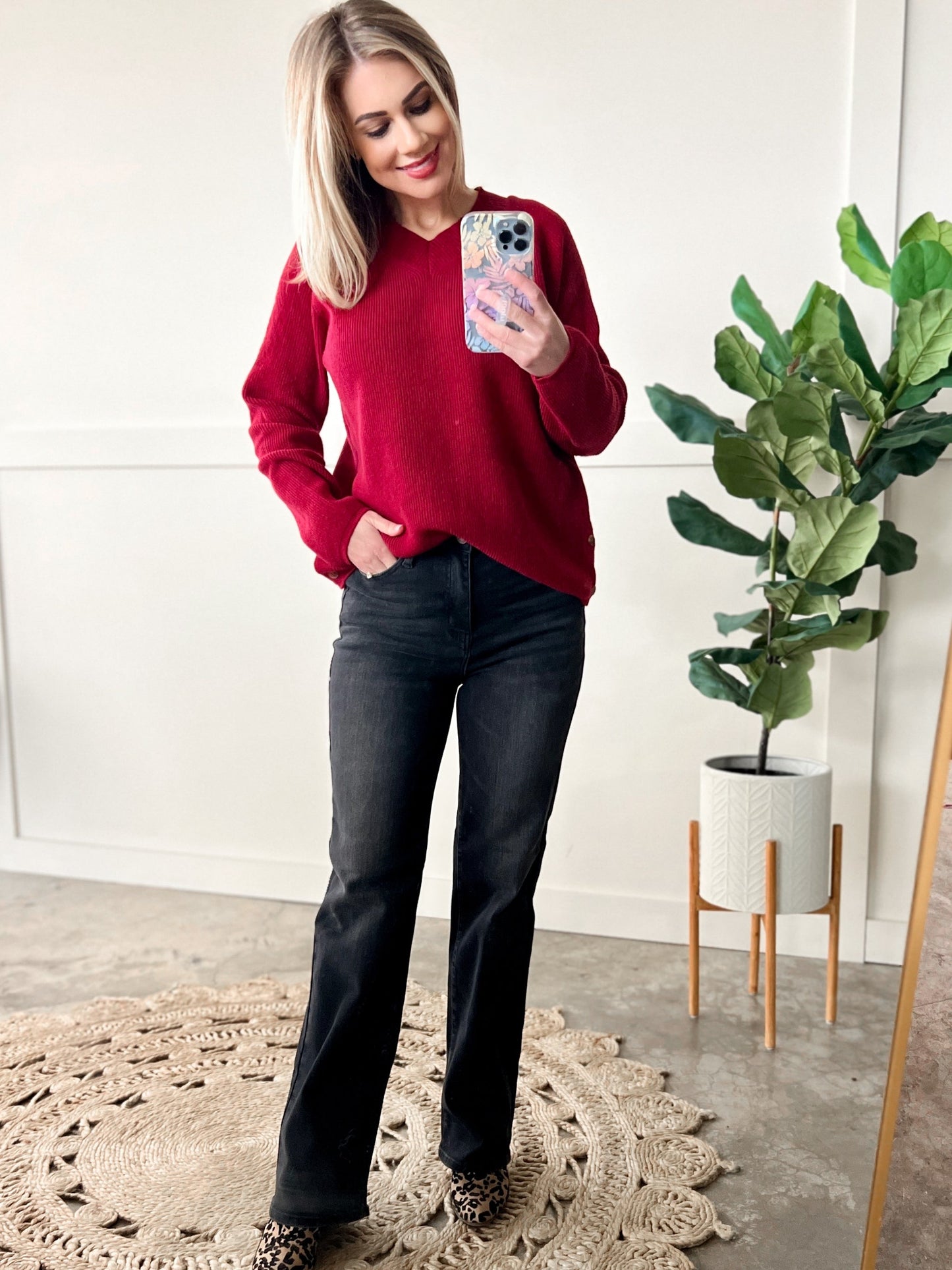 Neck Knit Sweater With Side Button Detail In Red