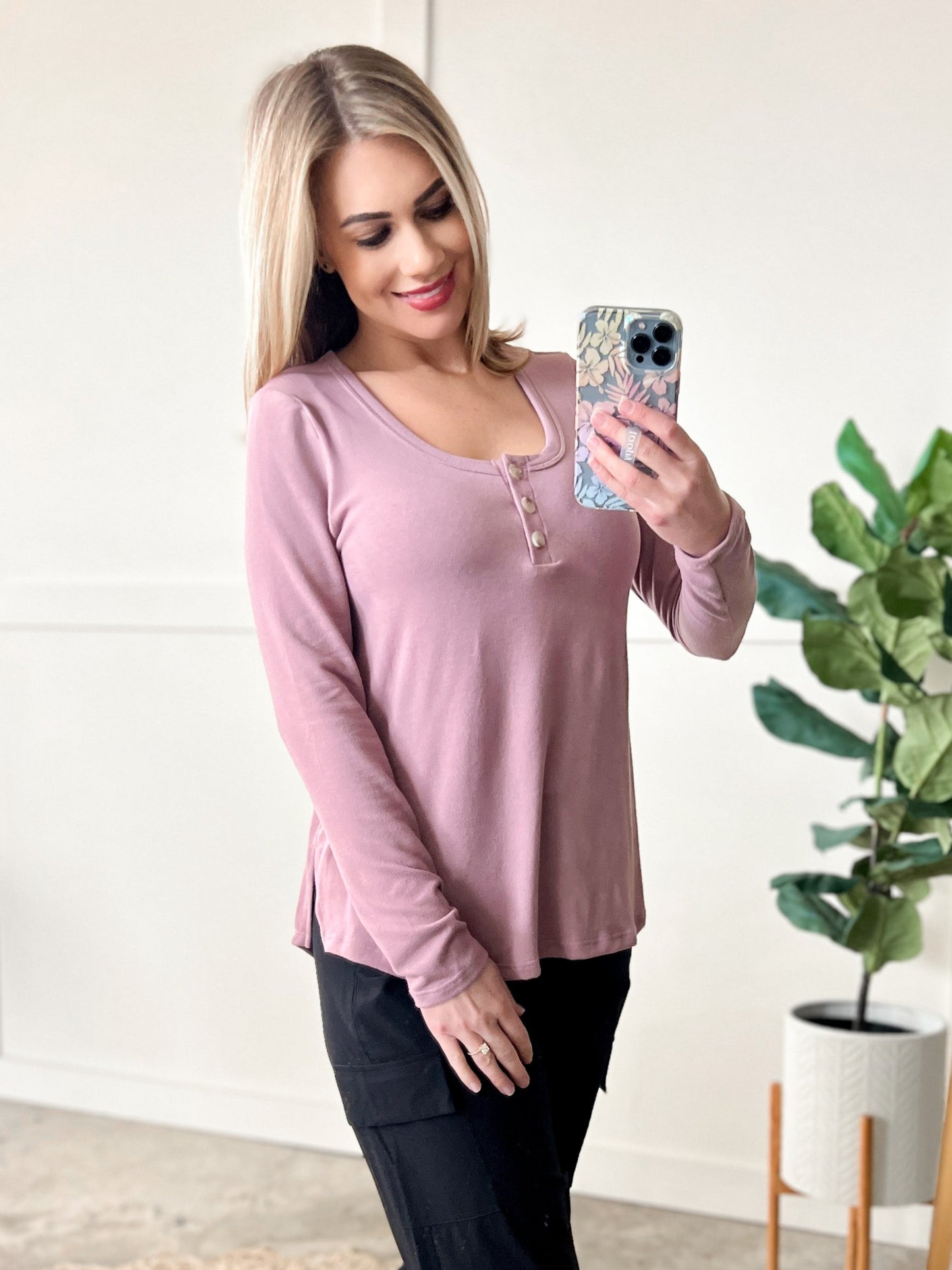 Button Front Long Sleeve Knit Henley In Lavender