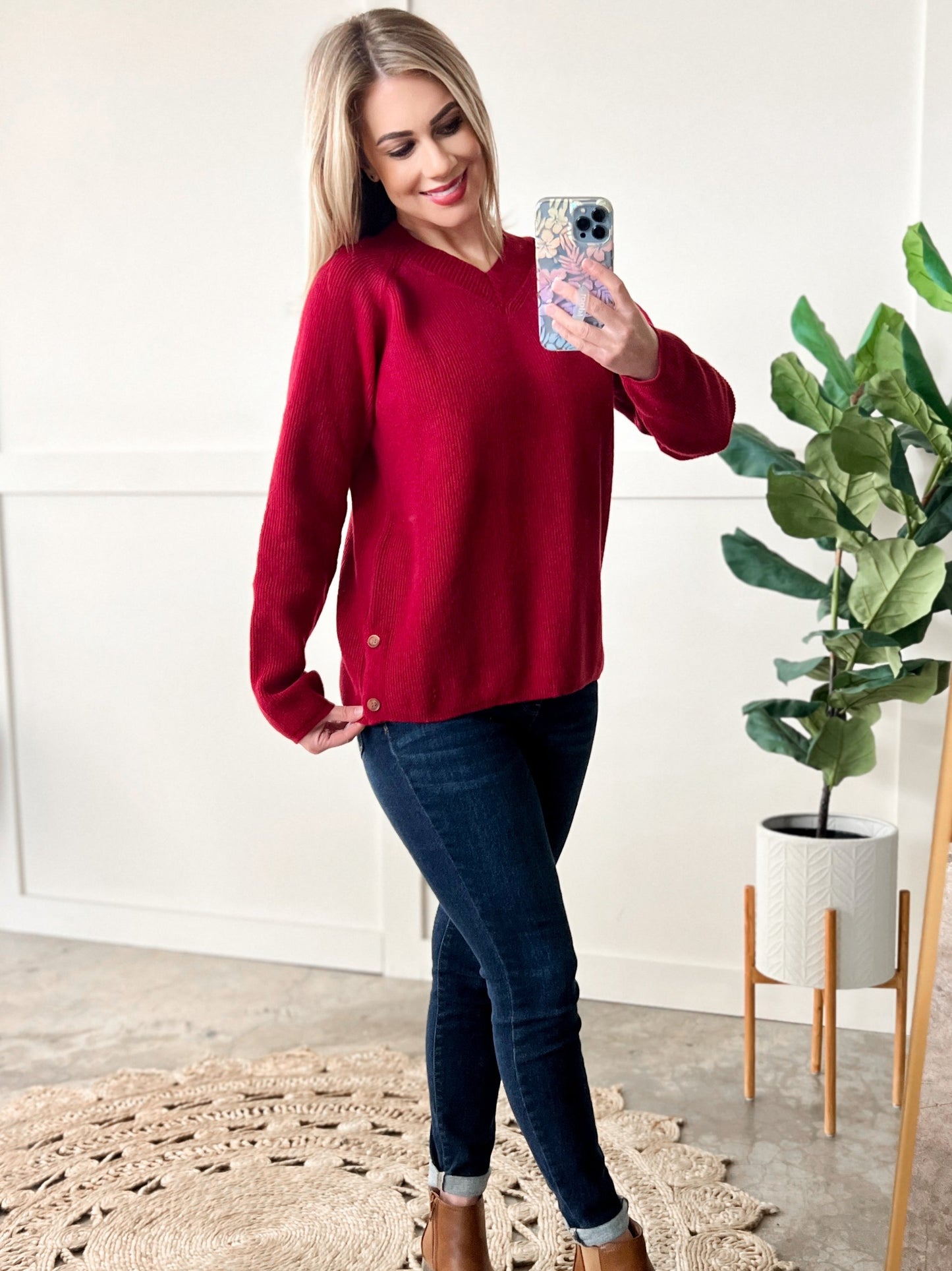 Neck Knit Sweater With Side Button Detail In Red