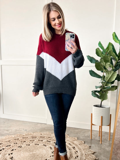 Cozy Knit Sweater In Burgundy White & Grey Chevron