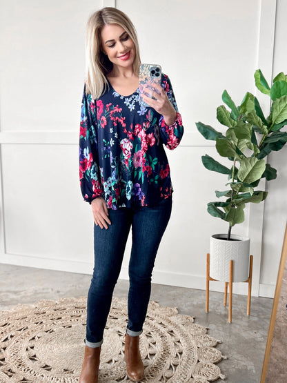 Stretchy Scoop Neck Top In Navy & Pink/Purple Florals