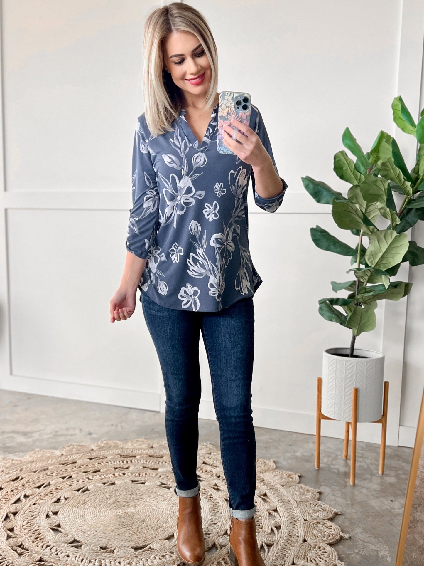 Gabby Front Top With Button Sleeve Detail In Silver Slate Blue Florals