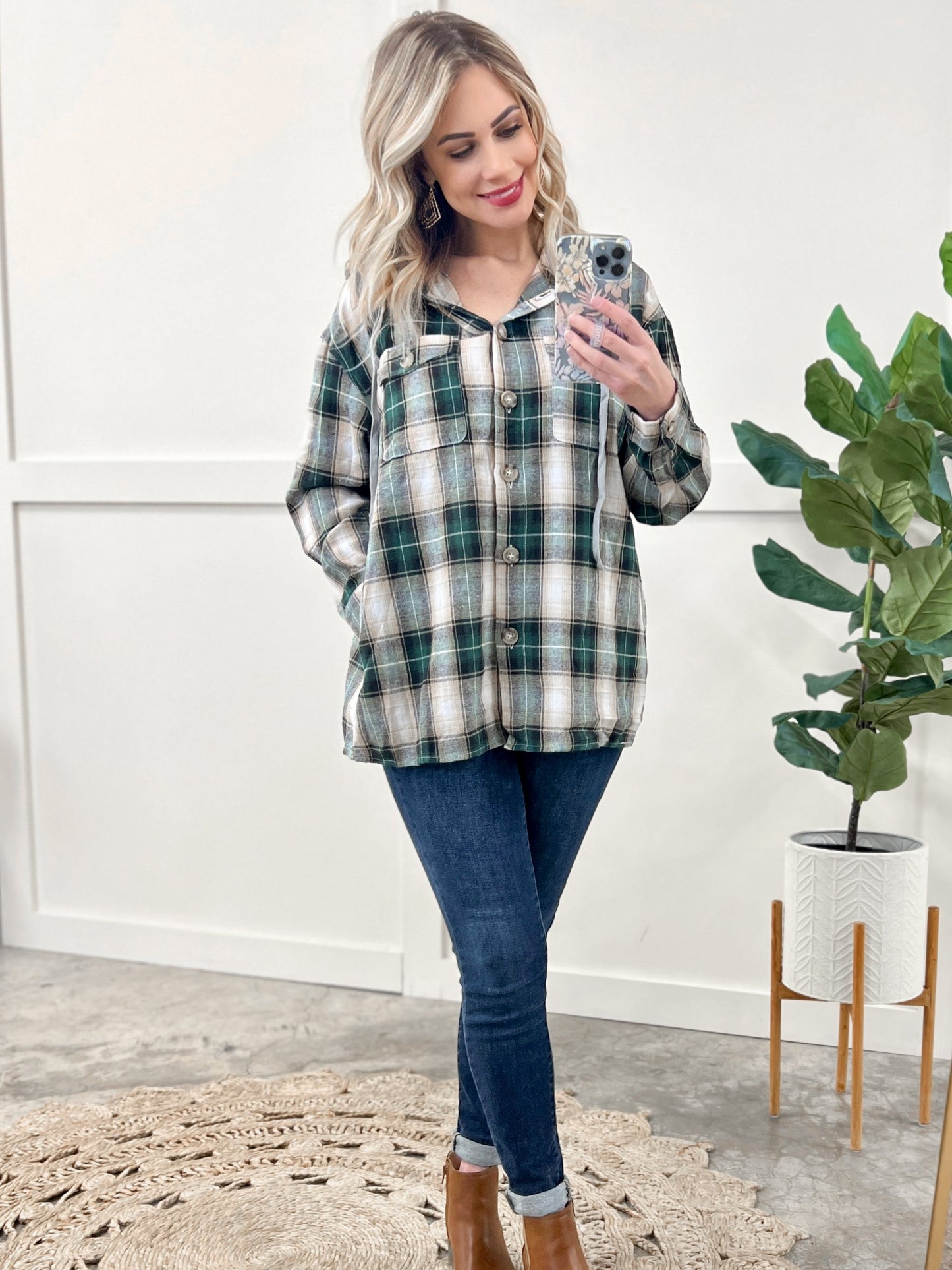 Plaid Hooded Top In Hunter Green & Gold Neutrals