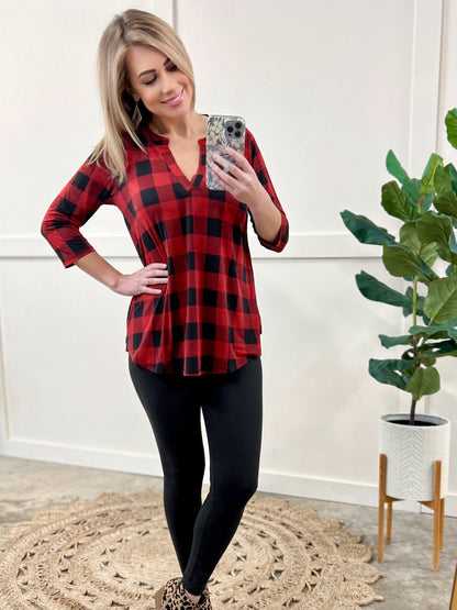 Stretchy Gabby Front Top In Red Buffalo Plaid