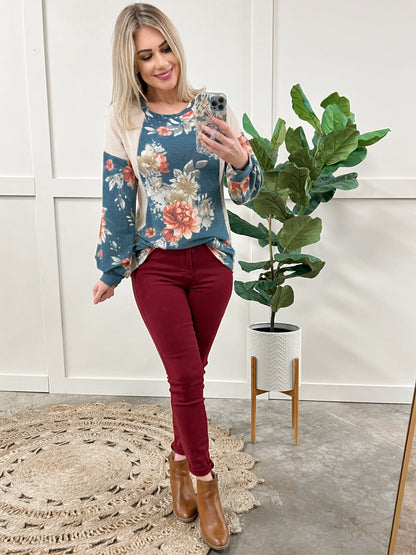 Color Block Top In Cream With Blue Florals