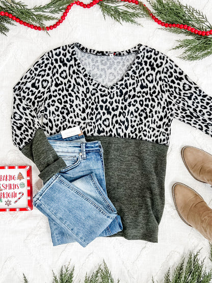 Olive Color Block Top In Snow Leopard